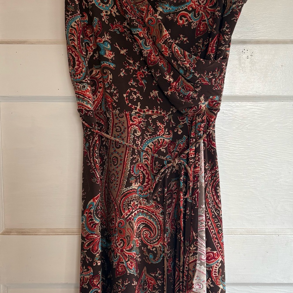 Ralph Lauren Brown Paisley Asymmetrical Wrap Dress with Teal & Red Accents
